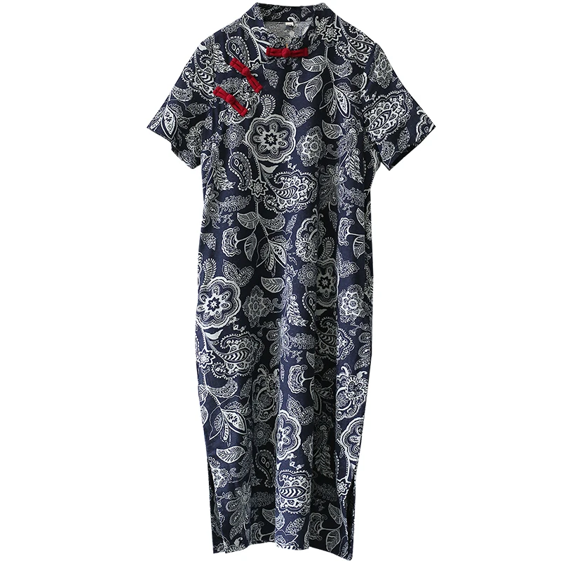 Женское винтажное платье Qipao повседневное летнее до колена из хлопка и льна с