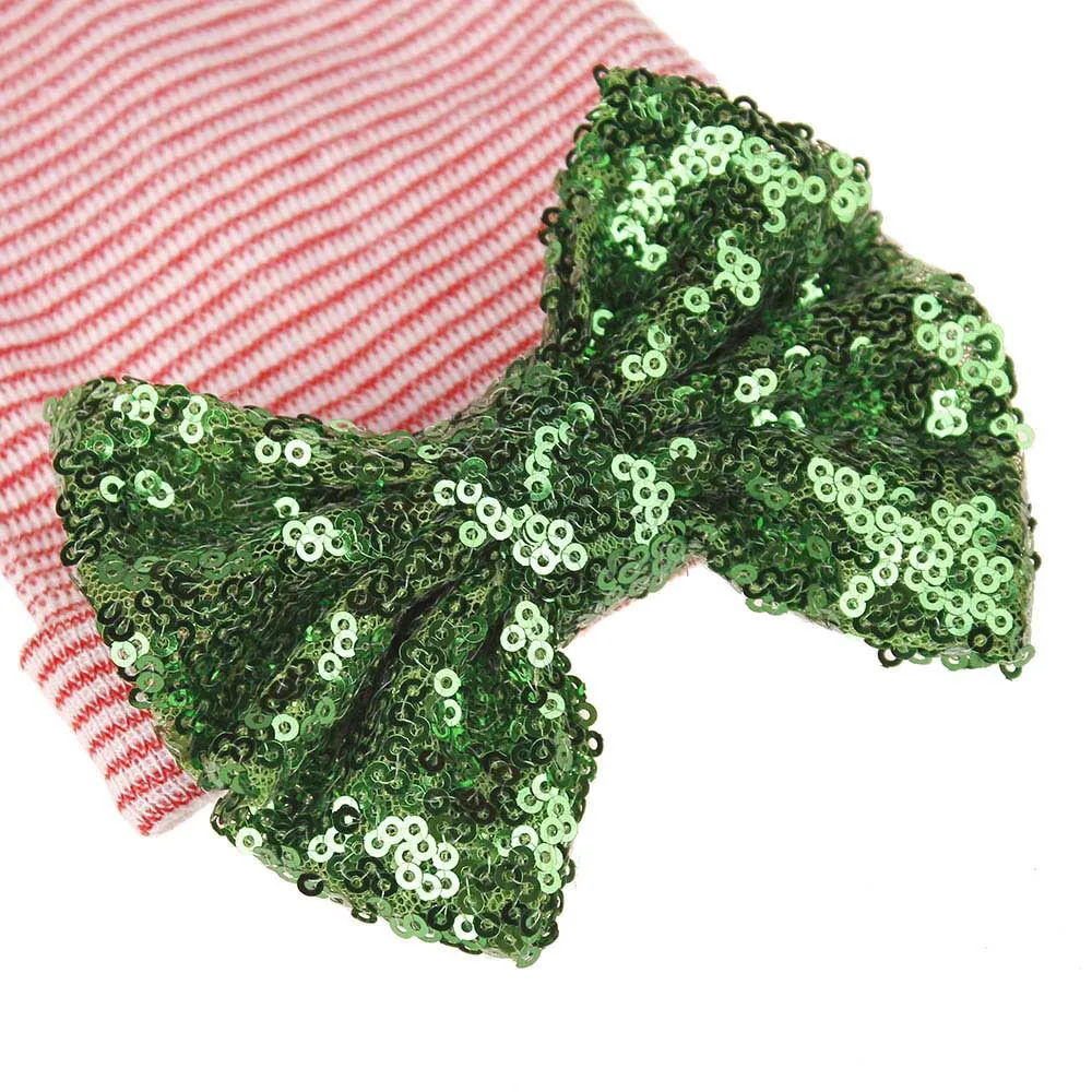 Newborn Baby Girl Knit Striped Caps Christmas Winter Toddler Princess Sequined Bowknot Hats Bebe Adjustable | Детская одежда и