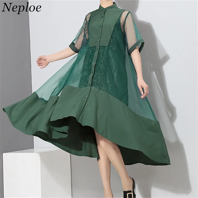 Женское Сетчатое платье Neploe Harajuku асимметричное с коротким рукавом и круглым
