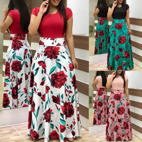 Fashion Women Short Sleeve Patchwork Floral Printed Round Neck Summer Boho Slim Casual Ladies Long Maxi Dress Sundress | Женская одежда