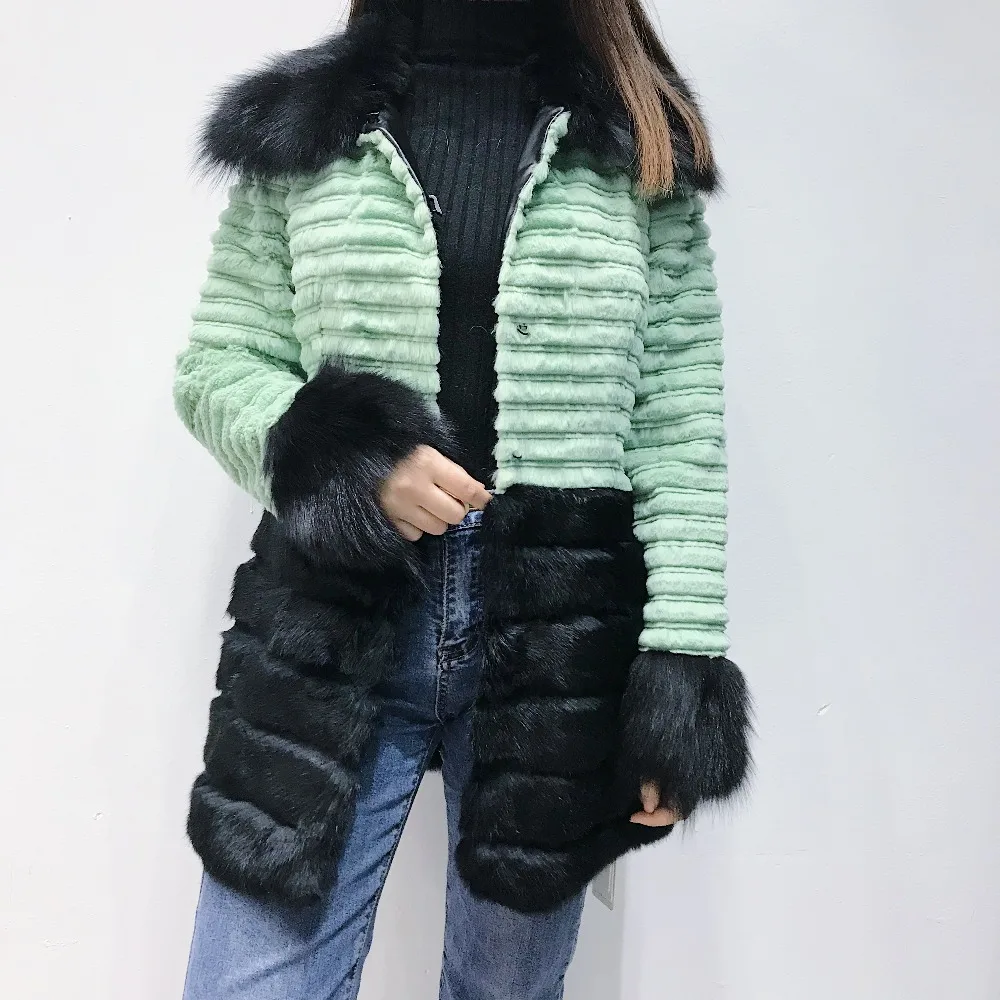 Autumn Winter New Fur Round Collar Real Rabbit Coat Medium Full And Fox collar 2018 Fashion Slim Thick Warm | Женская одежда