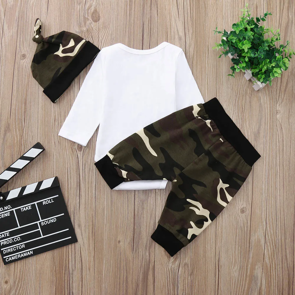 Комбинезон с надписью для новорожденных мальчиков топы камуфляжные штаны шляпа