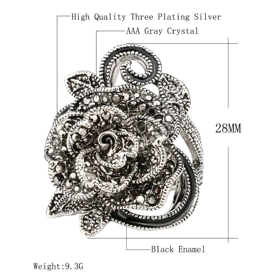 Роскошное кольцо с серым кристаллом посеребренное винтажное ювелирное изделие в