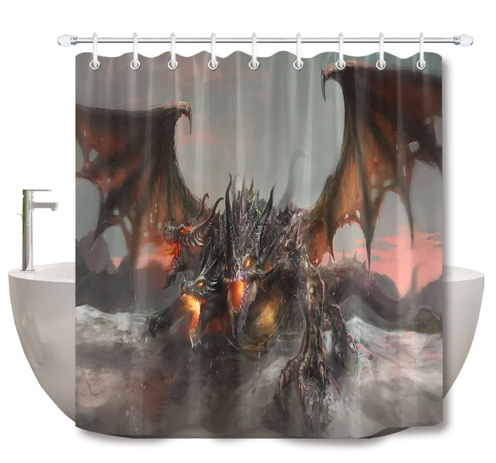 

Занавеска для душа из полиэстера, водонепроницаемая, 72 дюйма, с 12 крючками, трехглавый дракон, с большими крыльями, комплект аксессуаров для ...
