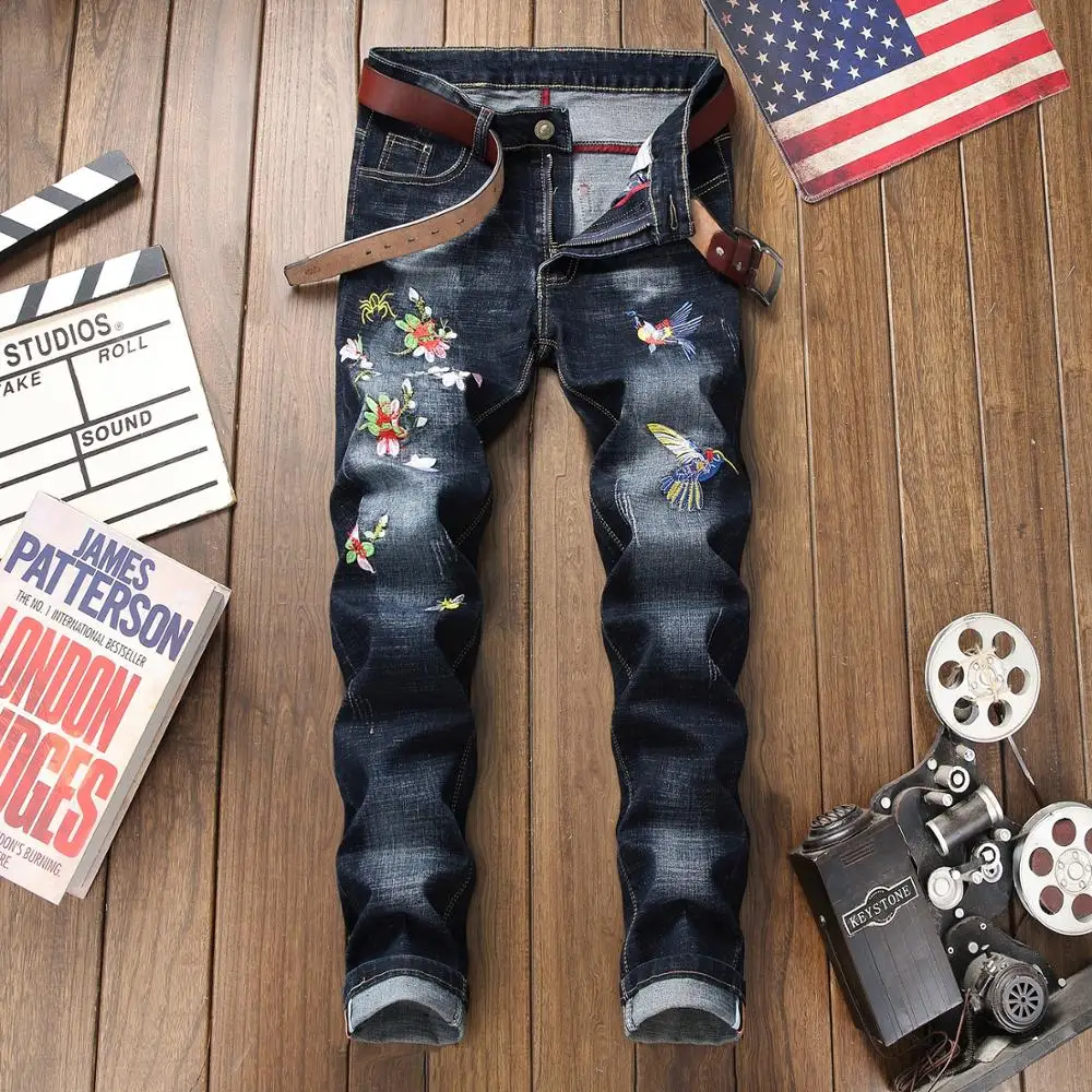 

2019 Fashion Ripped Jeans Men Pants Skinny Slim Straight Denim Men Jeans distressed Bottom New brand black Pants Men Clothes