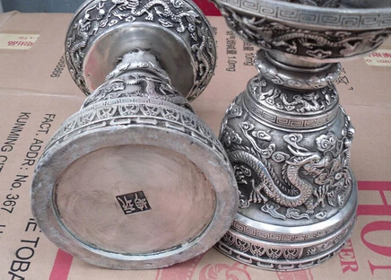 Бесплатная доставка бронзовое покрытие серебряный дракон статуя Подсвечник 35 см