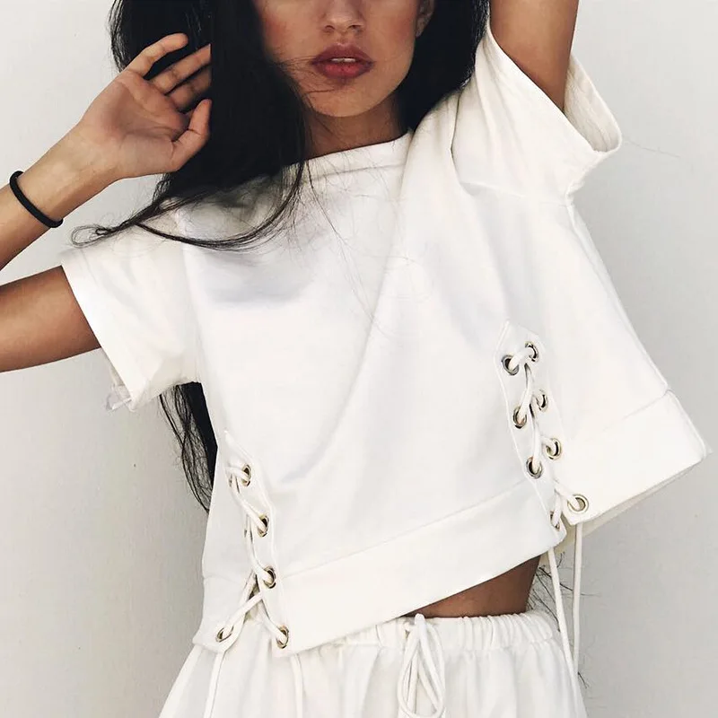 

2018 Сексуальная Chic Для женщин О-образным вырезом Короткие хлопковые футболки дамы Для женщин шнуровкой короткие топы