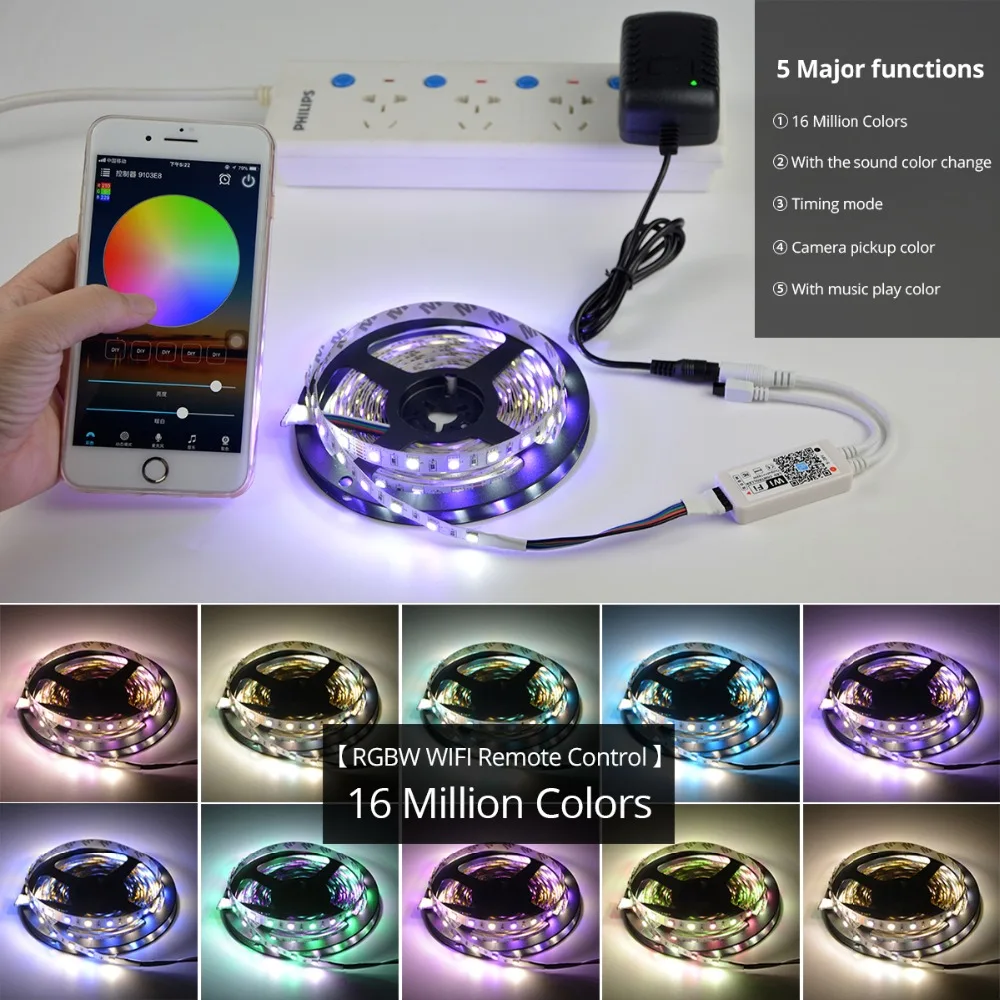 5 м RGB RGBW rgbww Светодиодная лента с Wi-Fi контроллером 300 светодиодный s DC 12 В 5050 Светодиодная лента Диодная лента удаляющая адаптер питания