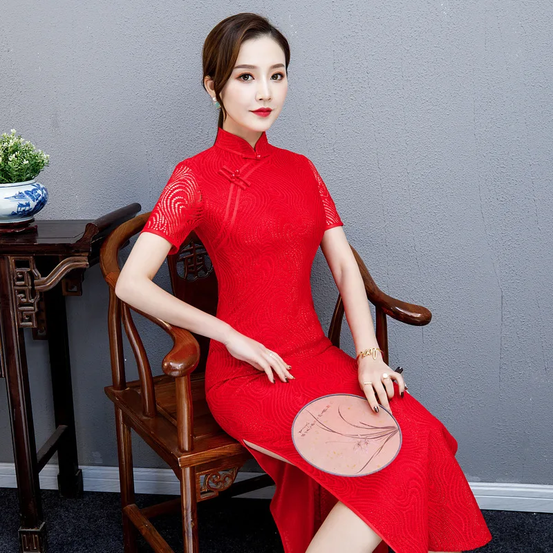 

Plus Size S-4XL Long Cheongsam Vintage Chinese style Dress 2019 Fashion Womens Lace Qipao Slim Party Dresses Button Vestido