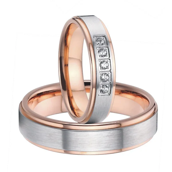 

2015 beautiful rose gold color titanium steel wedding bands promise rings sets for him and her couples alliances