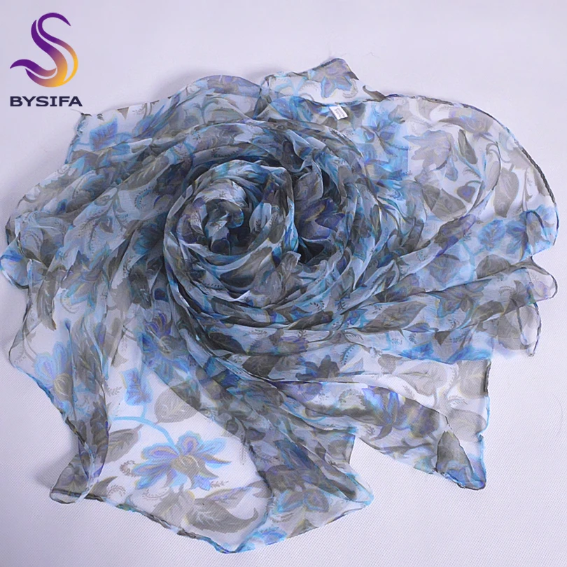Женский тонкий длинный шарф [BYSIFA] синий или серый мягкий из чистого шелка 170*105 см