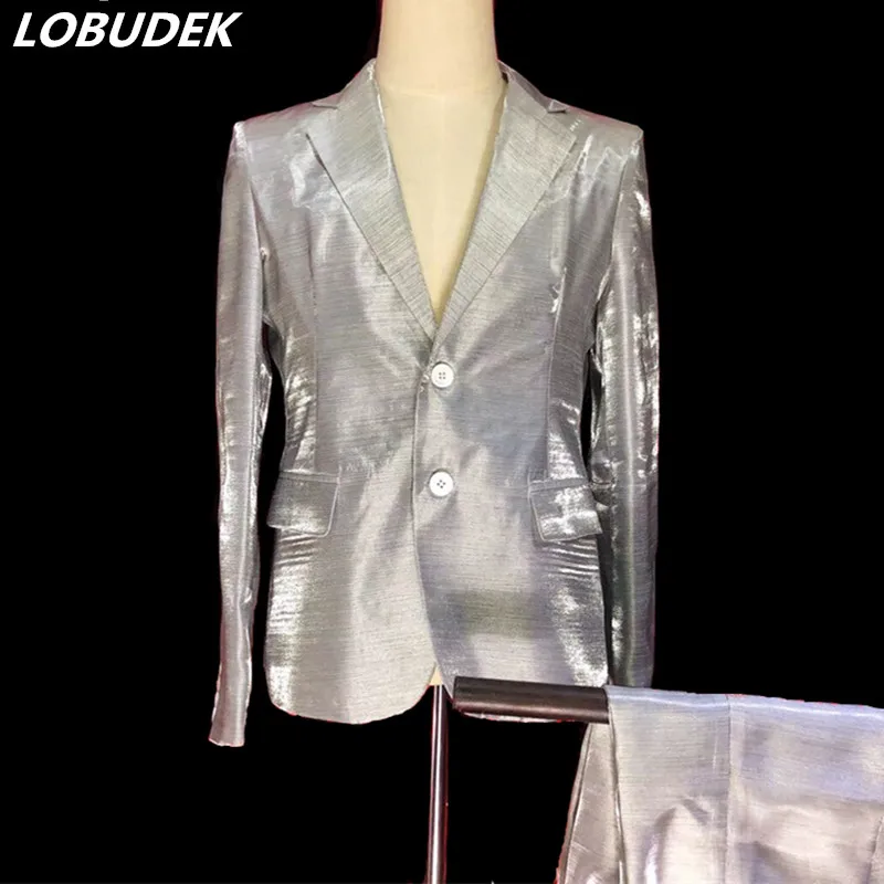 

Formal Silver Blazer Pants Suit Tide Men Tuxedo Trousers Suits Bar Nightclub Costumes Singer Host Vocal Concert Stage Costume