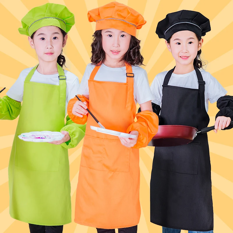 Kids Apron and Chef Hat Set Adjustable Cotton Child with 2 Pockets Boys Girls Bib for Cooking Painting Baking | Дом и сад