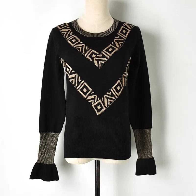 Womens Sweaters 2018 Winter Long Sleeve O-neck Argyle Jacquard Knit and Pullovers Black Red Blue Clothes Women | Женская одежда