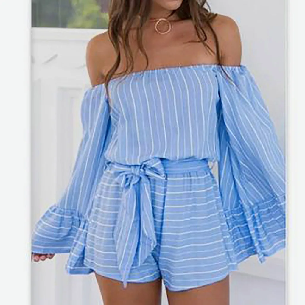 Fashion rompers womens jumpsuit Summer Sexy Stripe Print Casual Long Sleeve Strapless Jumpsuits body mujer salopette femme#XB40 | Женская
