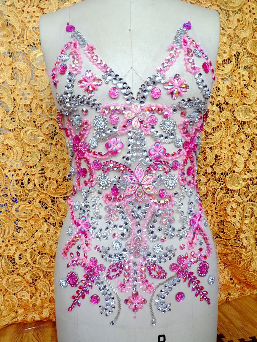 

Pure hand made pink/silver sew on Rhinestones applique crystals patches 50*32cm DIY dress accessory