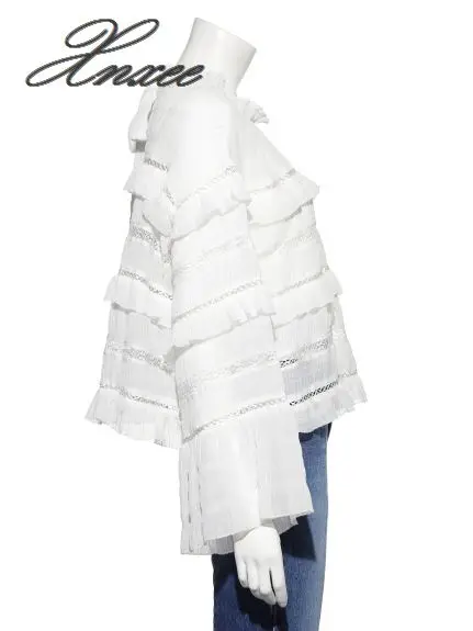

2020 spring and summer new women's sweet tiered ruffled trumpet sleeves lace chiffon shirt