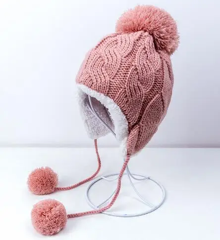 MLTBB/милая детская зимняя шапка с защитными ушами; теплая детская вязаная шапка для мальчиков и девочек; зимние шапочки; осенние шапки с помпонами - Цвет: C