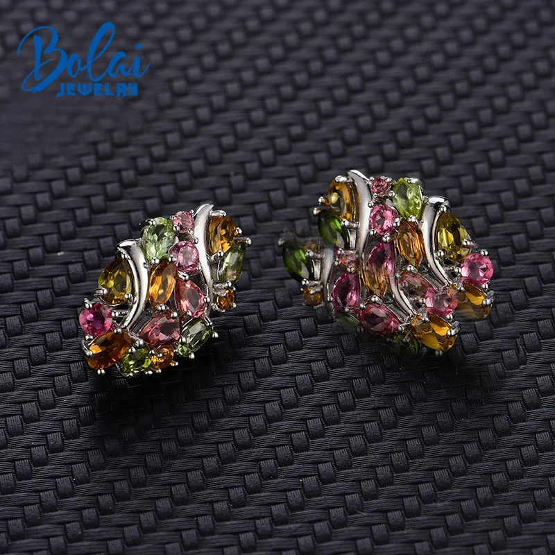 Bolai natural Brazil tourmaline clasp earrings 925 sterling silver multi color gemstone luxury jewelry for women wedding party