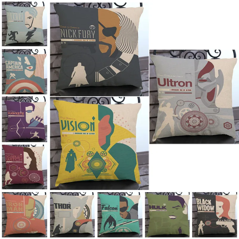 Подушечка для дивана из хлопкового льна "Film Avenger League 2" в домашнем европейском стиле для украшения автомобиля, подарка, спальни. Наволочка для подушки 45*45 см.