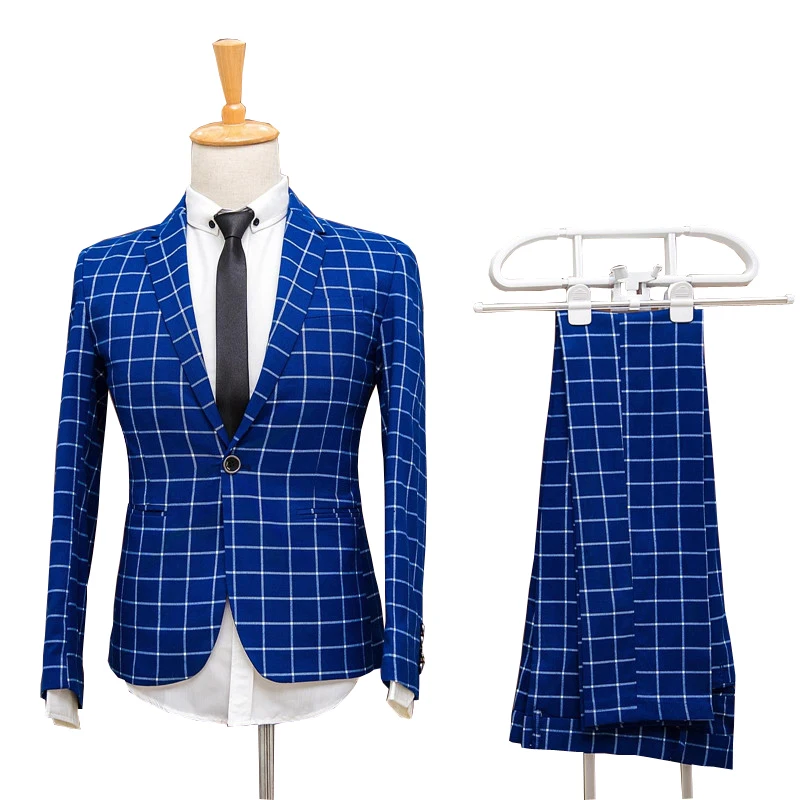 Костюм мужской Клетчатый деловой свадебный смокинг для жениха со штанами синий