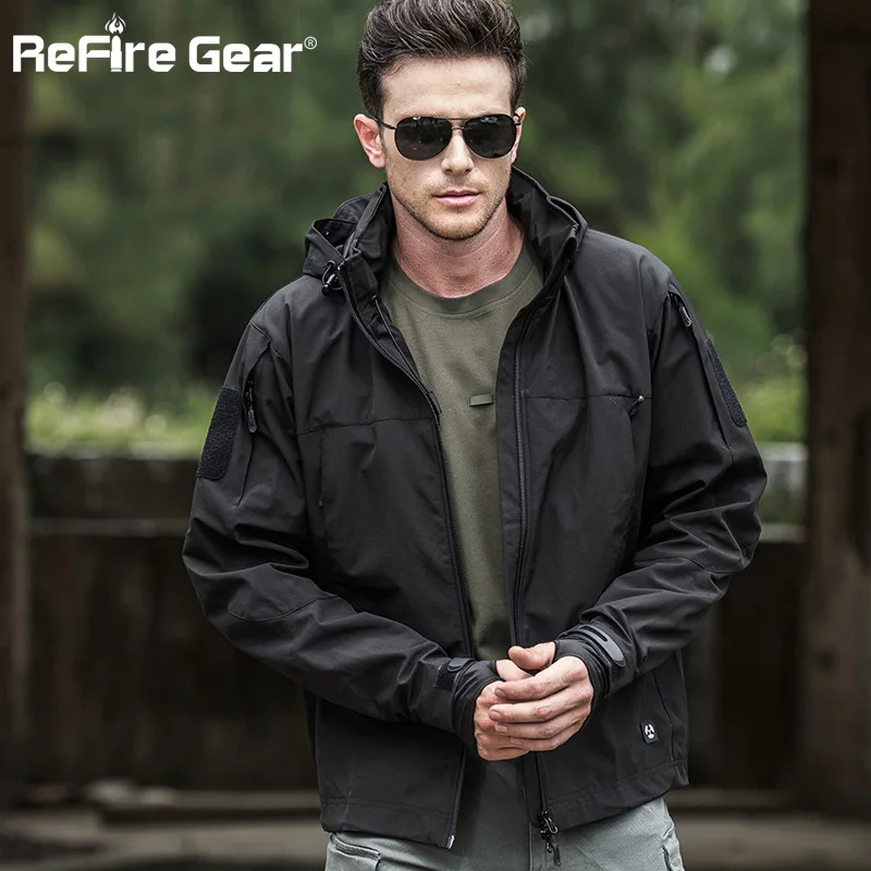 Black Refire gear Осенняя Водонепроницаемая Толстовка военная куртка Мужская мягкая оболочка ветровка армейская городская тактическая куртка повседневная весенняя куртка - Цвет: Black