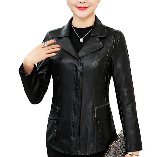 black 4Xl 5Xl 6Xl для женщин среднего возраста кожаная куртка Pu кожаные куртки женские тонкие элегантные пальто размера плюс осенняя одежда A3884 - Цвет: black