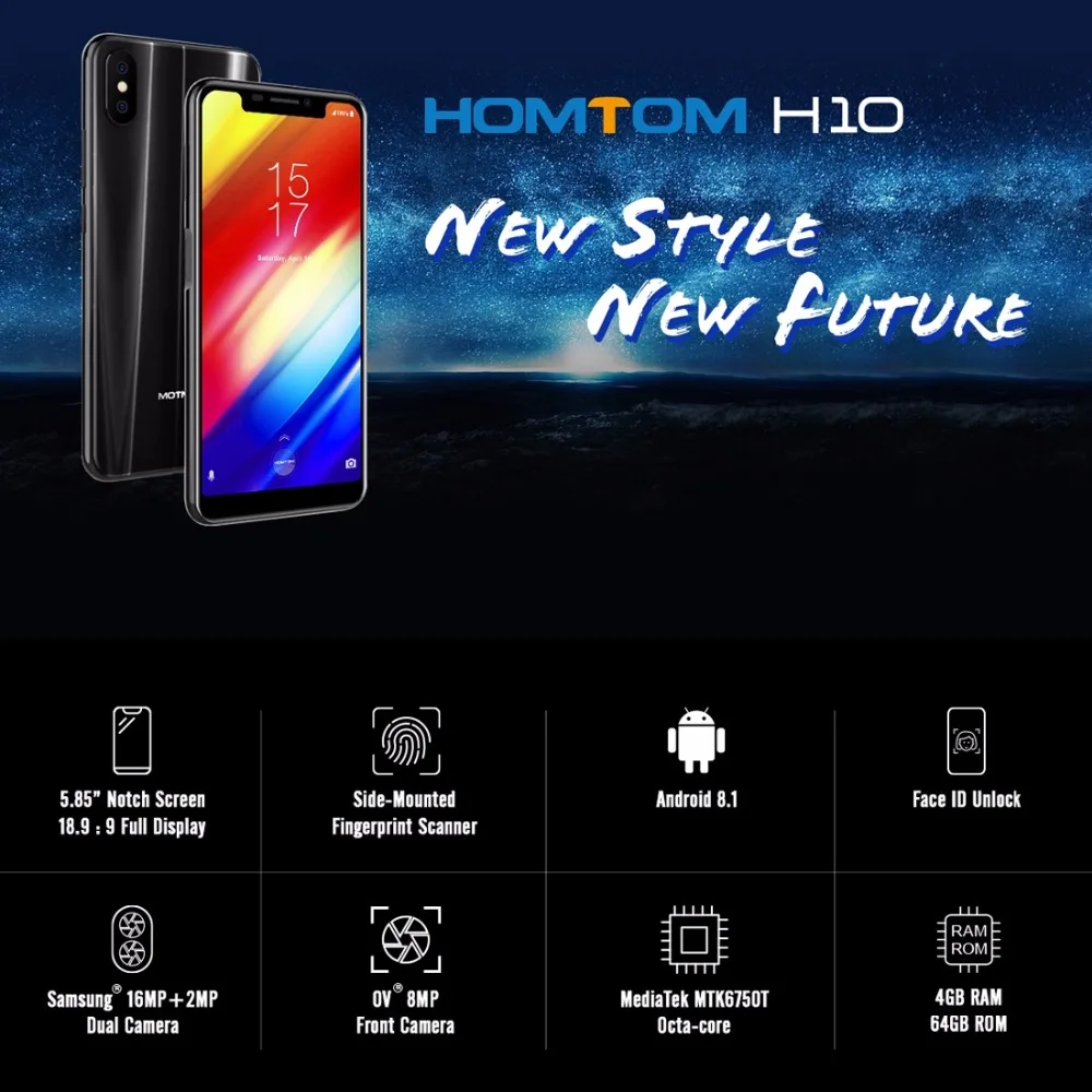 HOMTOM H10 5 85 дюймовый Android 8 1 4 Гб + 64 мобильный телефон Face ID функцией отпечатков