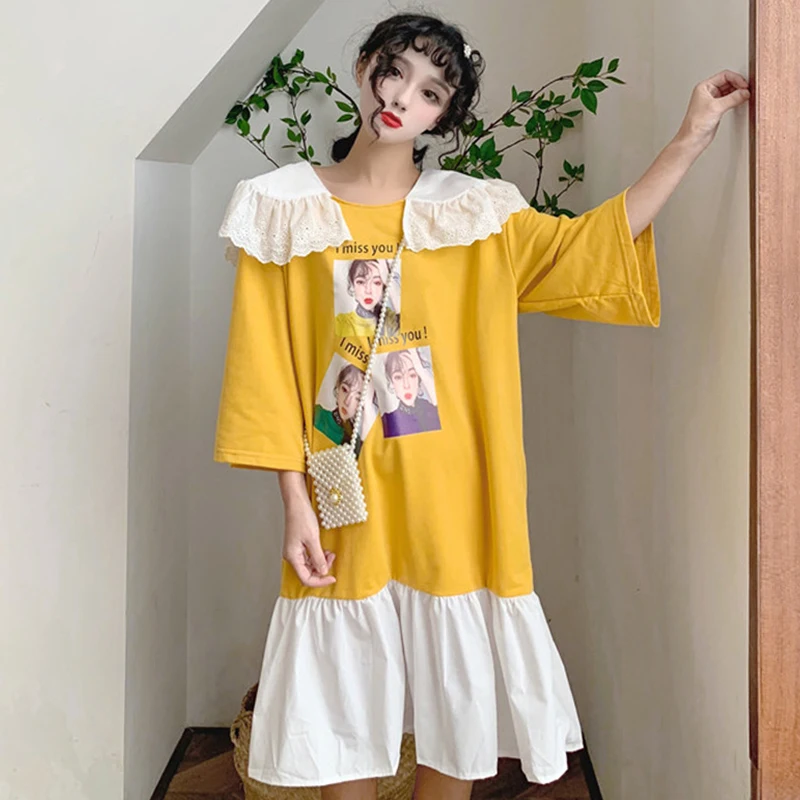 Женская одежда кружевное платье с отложным воротником три четверти свободное