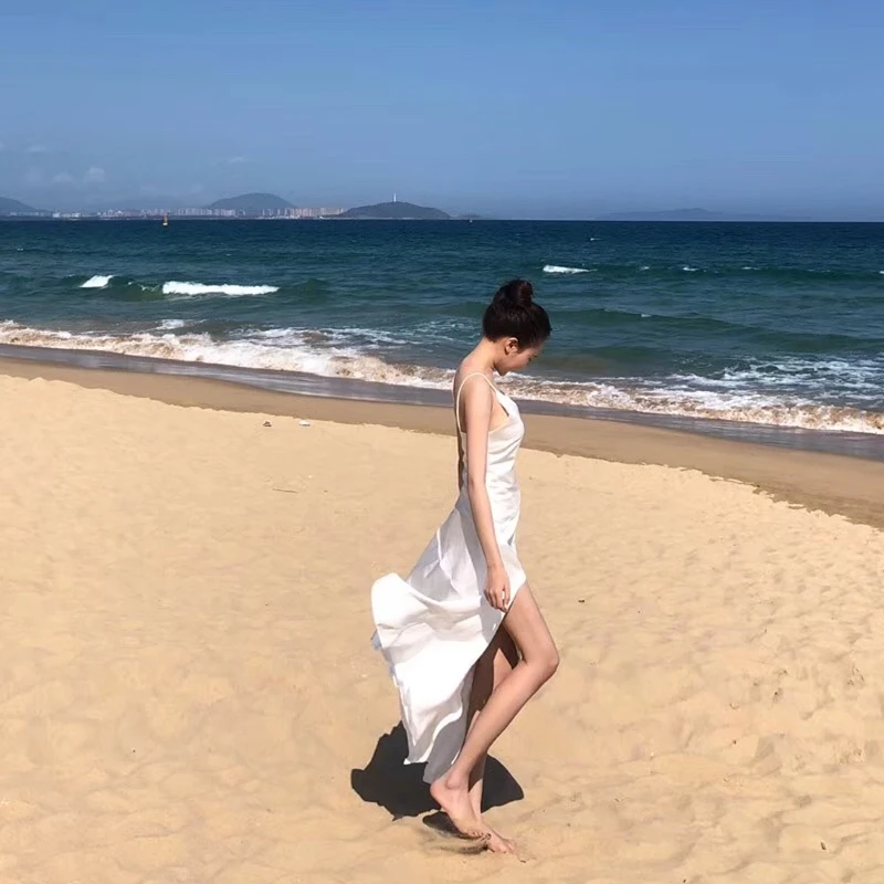 Women's Clothing Dresses summer new solid white dress long dresses sexy vintage Irregular spaghetti strap v-neck | Женская одежда