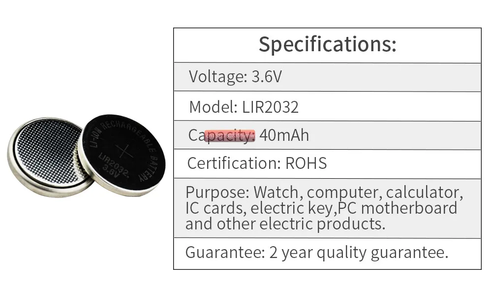 20 шт 3,6 V LIR2032 lir 2032 литий-ионная аккумуляторная батарея 40 мА/ч, литий-ионная кнопка плоский круглый аккумулятор замена для CR2032 CR 2032