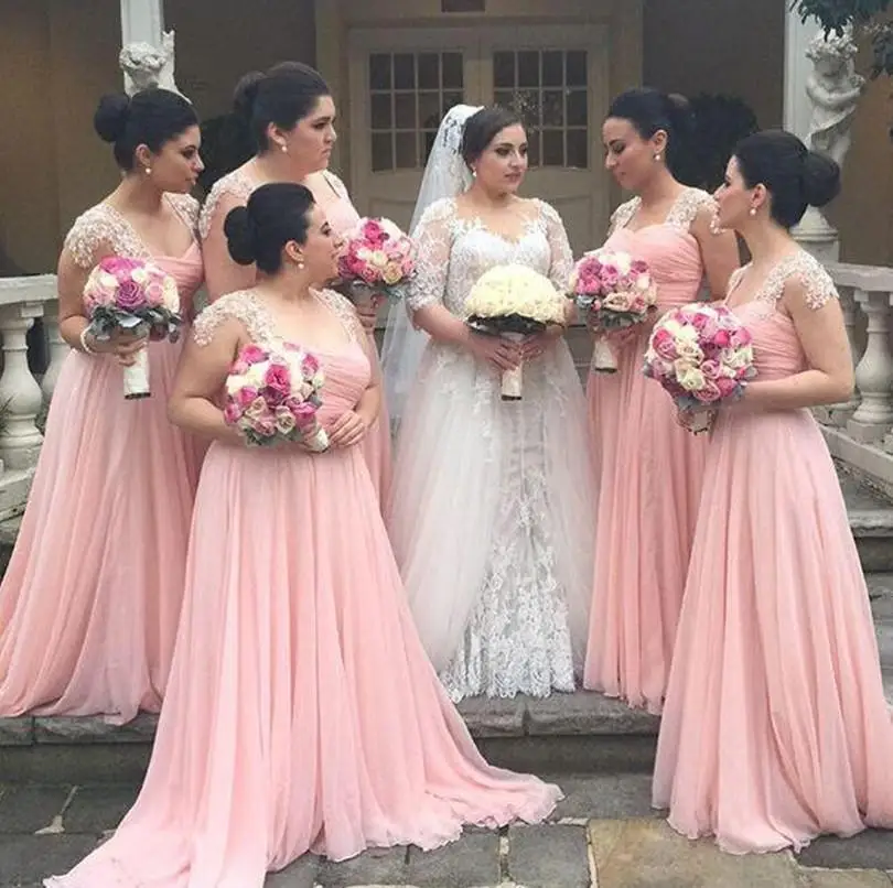 

Bridesmaid Dresses Cheap Summer Chiffon Pink Cap Sleeves Lace Beads Floor Length Long Party For Wedding Dress Vestido Longo
