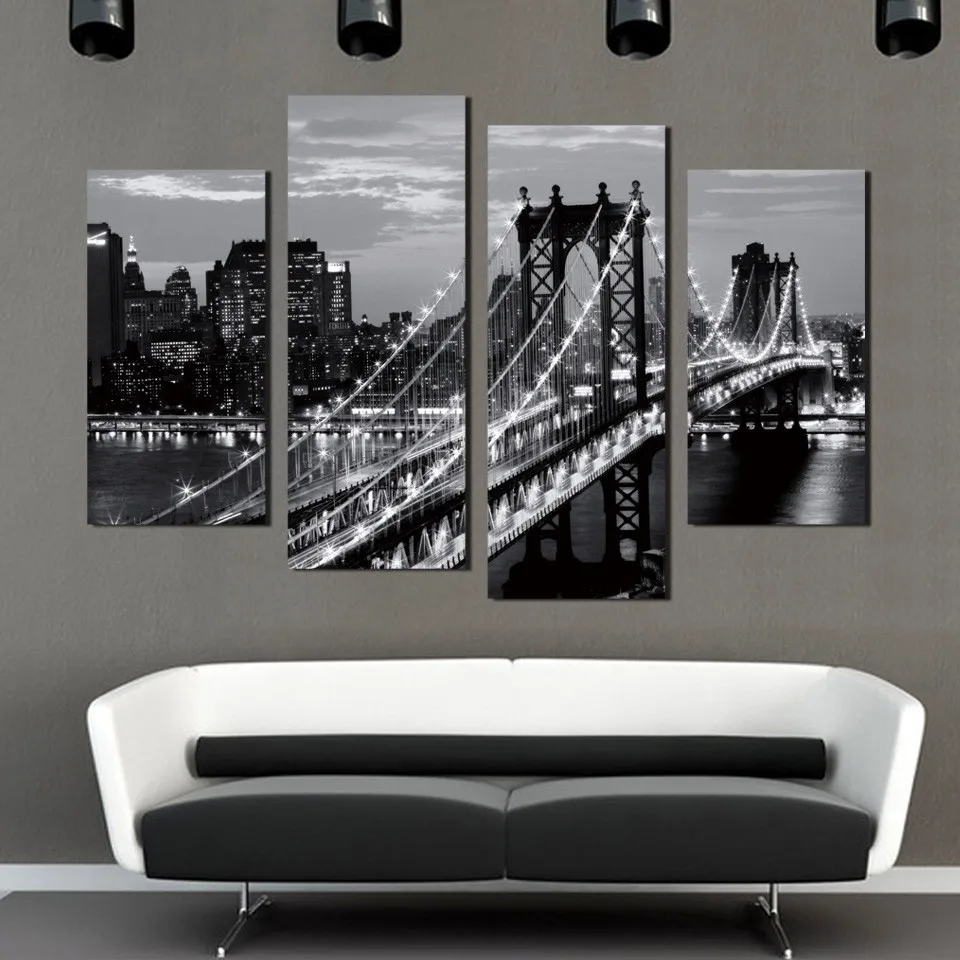 

4 piece of modern fresco the brooklyn bridge in New York home decoration art black and white photos printed on the canvas