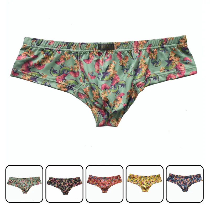 Men Small Boxer Milk Silk Ginkgo Leaf Print Boxer Shorts Bulge Pouch Underpants Gay Panties Mens Underwear Boxers