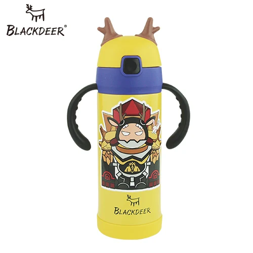 yellow BLACKDEER, детский термос с героями мультфильмов, чашка с силикагелем, соломинкой, портативная детская Вакуумная бутылка для воды, 316 нержавеющая сталь - Цвет: yellow