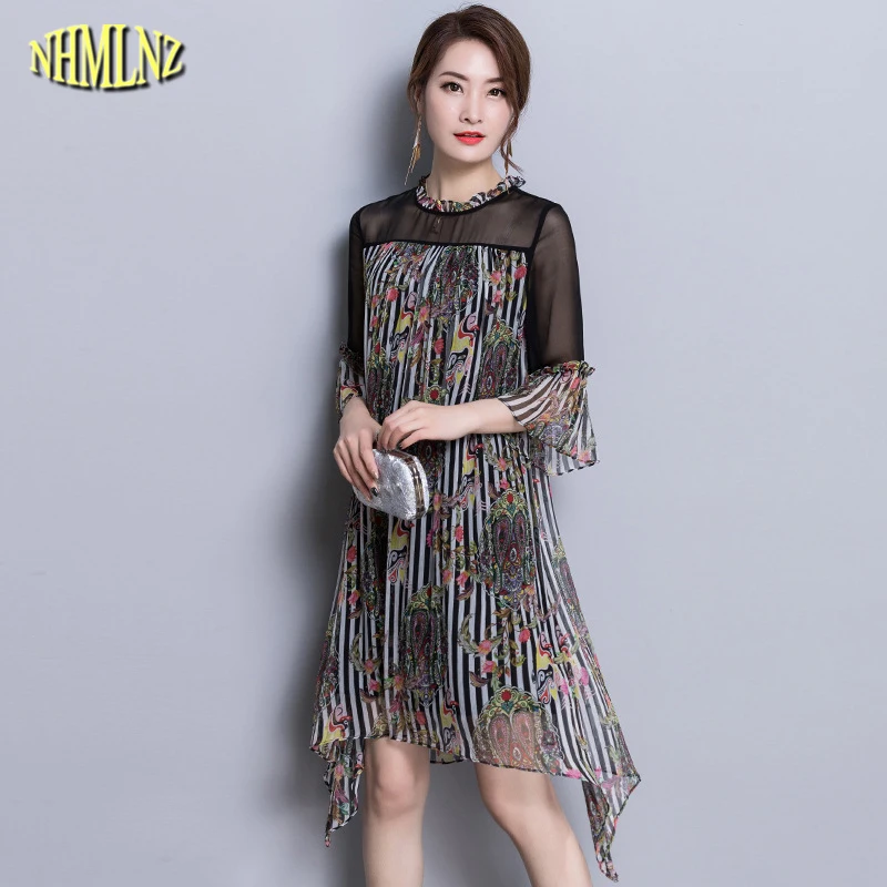Women Summer Print Dress Korean style Three Quarter sleeves Chiffon Vestidos New Female Loose Vestido Party Dresses WKM807 | Женская