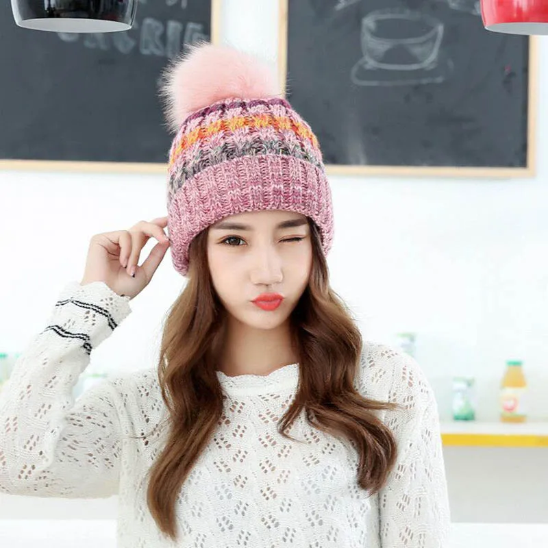 pink hat Популярный зимний теплый шарф, шапка для женщин, лыжная шапка для девушек, женские шапочки с помпоном, Балаклава, вязаная шапка - Цвет: pink hat