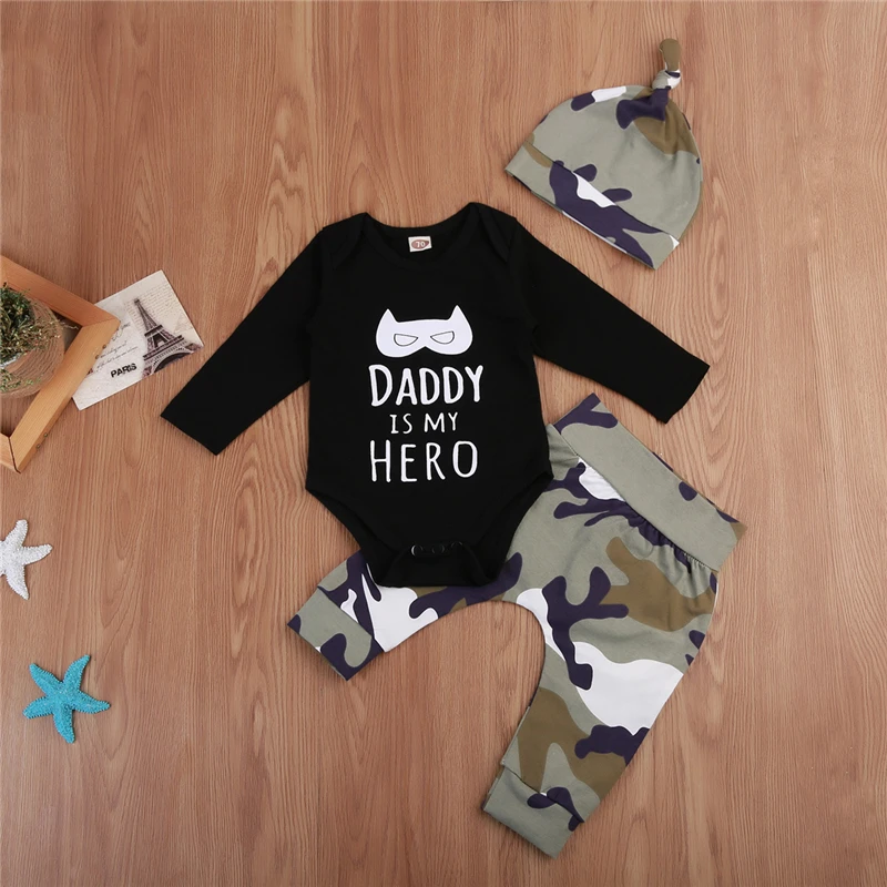 Pudcoco/хлопковая одежда с надписью «dad is my hero» для новорожденных мальчиков Боди с длинными рукавами+ камуфляжные штаны, комплект одежды