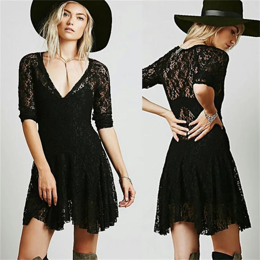 Женское кружевное мини-платье с треугольным вырезом А-силуэта рукавом 3/4 для