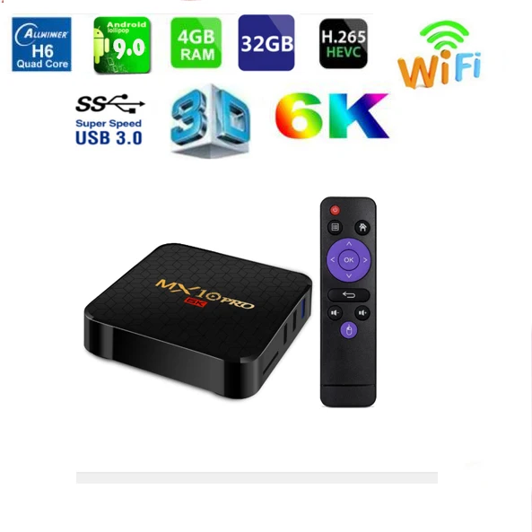 ТВ приставка MX10 Pro 6K Android 9 0 Allwinner H6 4 ядра + 32/64 ГБ 2 ГГц Wi Fi USB3.0 * 4K H.265 VP9 умный