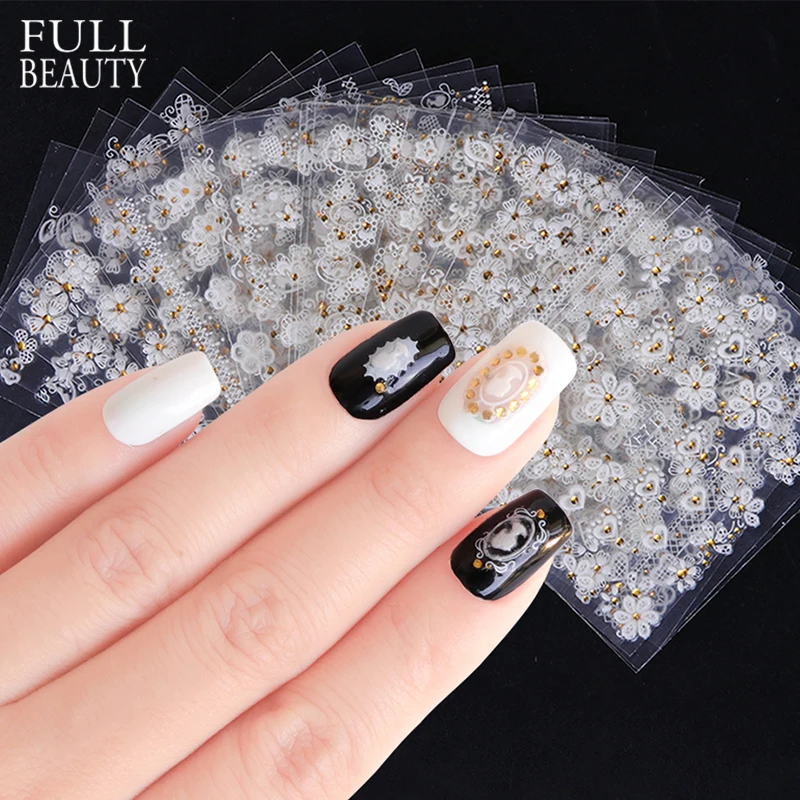 Full Beauty 30 шт./компл. 3D рельефная наклейка для ногтей Типсы белый Цветущий цветок