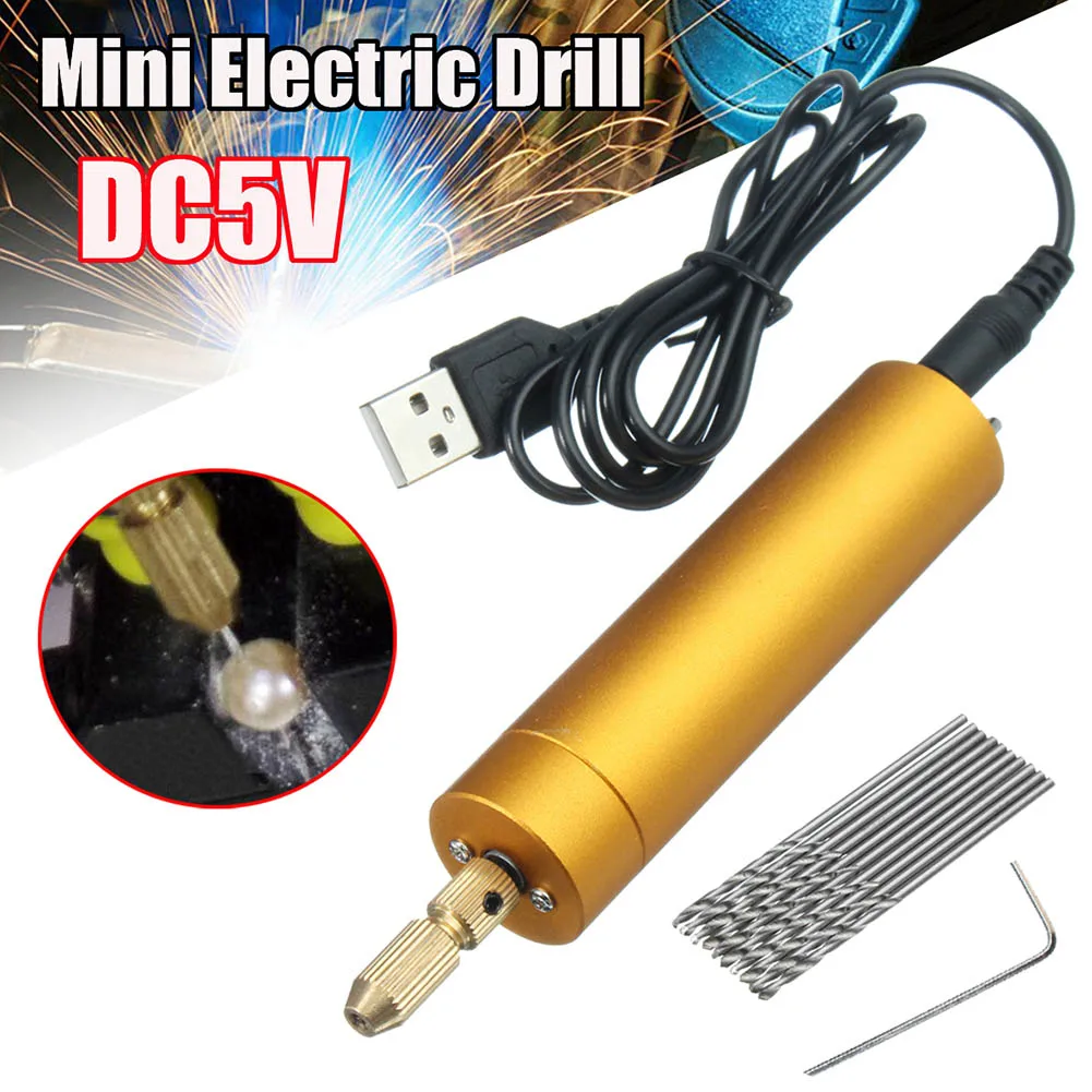 

DC 5V Mini Aluminum Electric Motor Hand Drill 10 Twist Bits DIY for Wood PCB PAK55