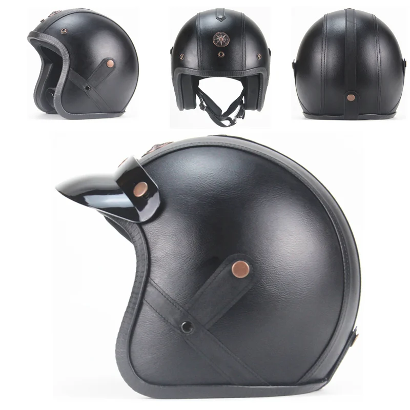 Black leather Шлемы из искусственной кожи 3/4 мотоциклетный шлем Чоппер Велосипед Винтажный мотоциклетный шлем с goggle - Цвет: Black leather