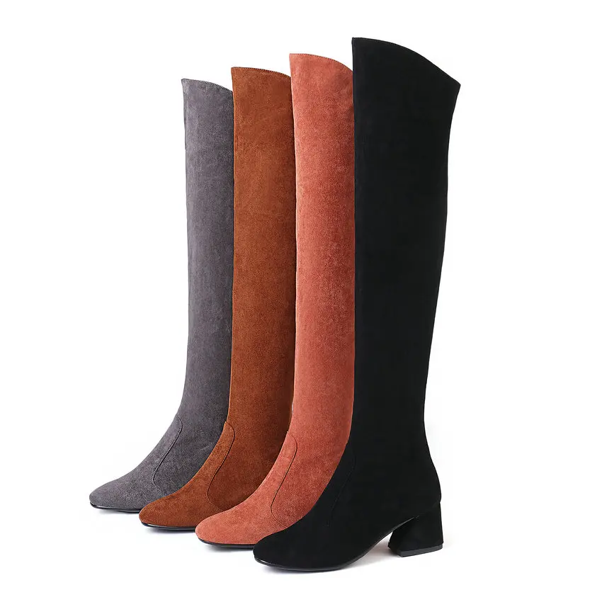 

NIKOVE 2019 Women Boots Winter Flock Western Style Square High Heel Over The Knee Boots Synthetic Sewing Ladies Boots Size 34-43