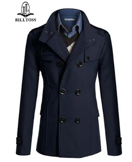 Оптовая мужская шерстяные пальто мода черный длинное двойной грудью |