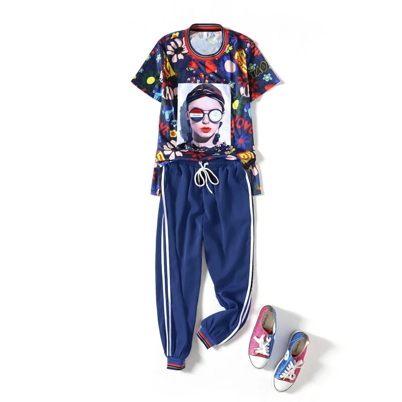 2 шт. женская одежда большие размеры с принтом наборы синий сетчатый топ брюки