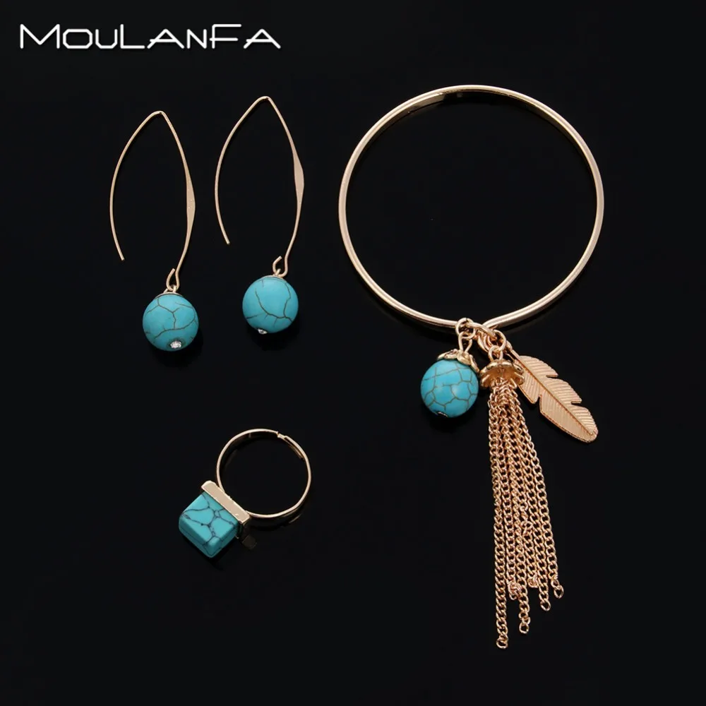 

3 pcs/set Antique gold color earring Turquoises Natural Stone Beads ring bracelet charm jewelry Set Pack For Women