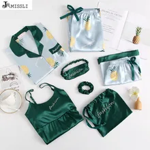 JRMISSLI шелковые атласные пижамы комплект кружева ночь 7 шт. костюм