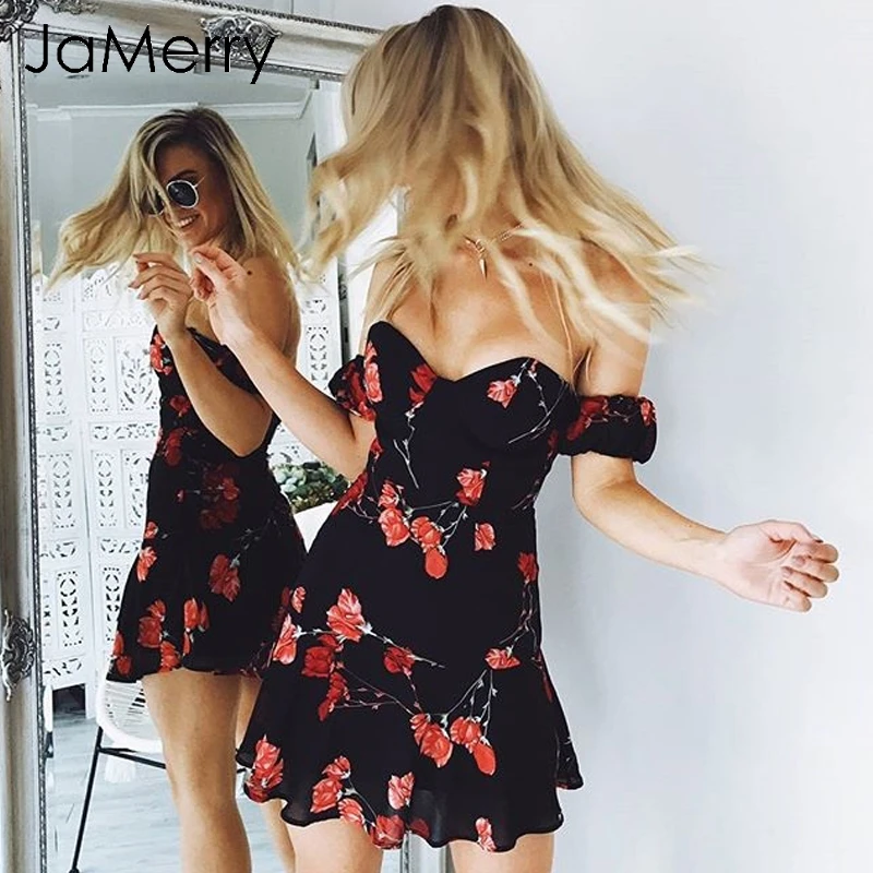 JaMerry Весна с открытыми плечами шифоновое платье femme 2018 Boho Цветочный принт