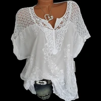 2022 summer short sleeve womens blouses and tops loose white lace patchwork shirt 5xl 6xl women tops shirts casual clothes